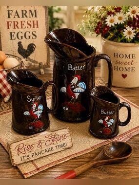 Vintage Redware 1950s pancake batter set with rooster design